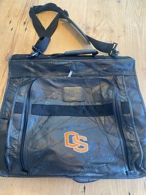 Black Leather Men's Garment Bag with Orange OSU Embroidery